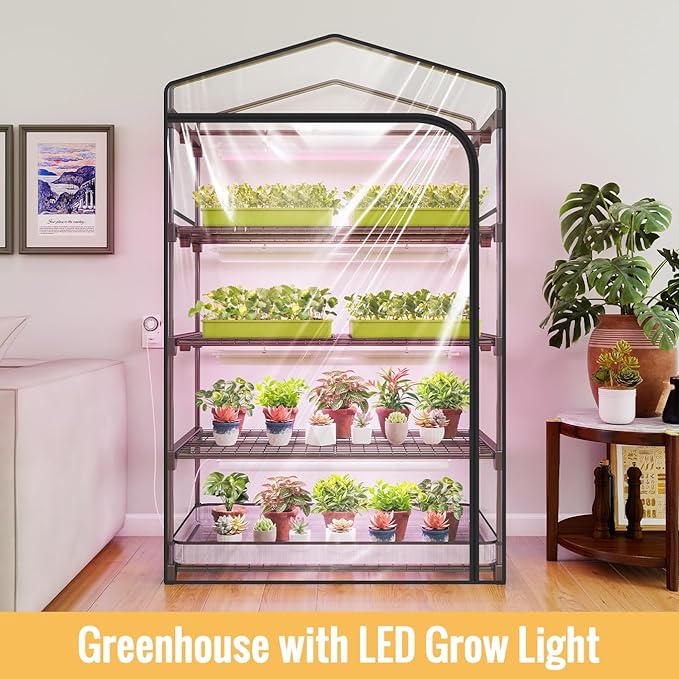 Indoor Greenhouse with Grow Light, 4-Tier Plant Shelf with T5 1.6FT 32W Full Spectrum LED Grow Light for Seed Starting, Succulent, Settable Timer Socket, 39" L x 19" W x 64" H