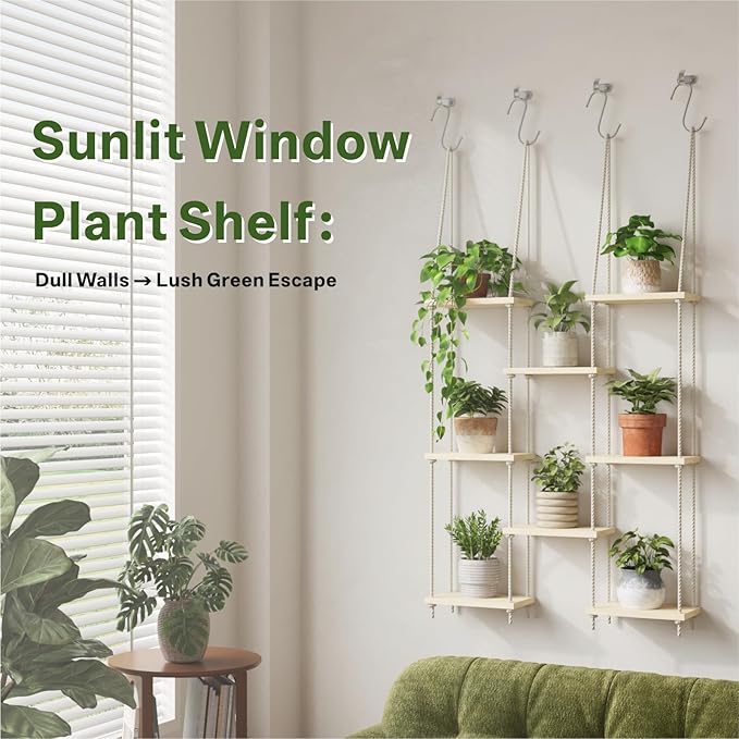 Window Plant Shelves 8-Tier Hanging Plant Shelves for Indoor Window Shelf for Plants Wall Mounted Window Sill Plant Shelf Living Room Garden Boho Decor