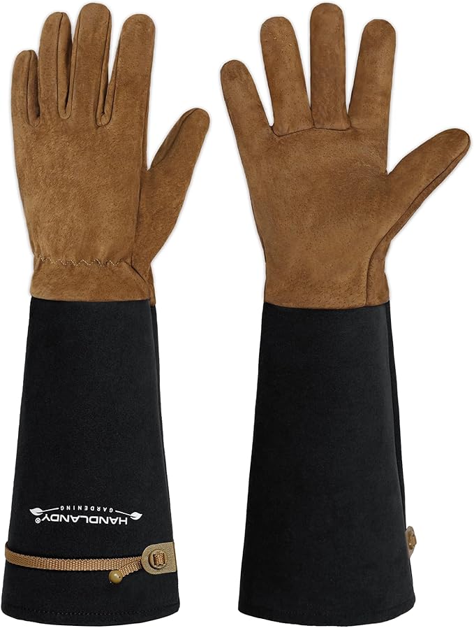 HANDLANDY Long Gardening Gloves for Men & Women, Pigskin Leather Rose Pruning Gloves, Breathable Thorn Proof Gauntlet Glove (Brown-Pigskin, M)