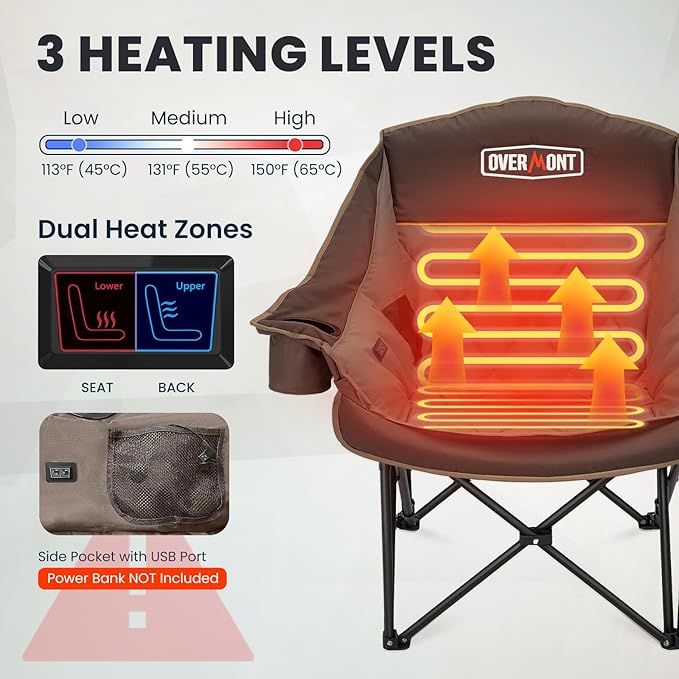 Overmont Heated Oversized Camping Chair for Adults - 3 Heat Levels Seat & Back Separately Control - 400lbs Support Heavy Duty Padded Folding Chair Outdoor Garden Portable - Battery NOT Included