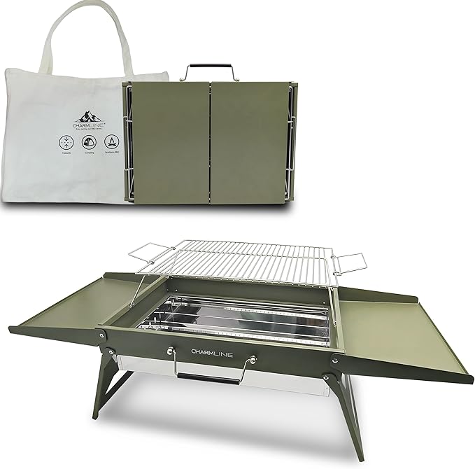 Charmline 20x14 inches Big Portable Charcoal Grill, Compact Grill with Liftable Grilling Net, Saving Space Barbeque Grill for Camping, Picnics, Gardens and Beach Parties, Green, Max