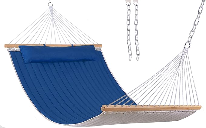 Lazy Daze 12 FT Double Quilted Fabric Hammock with Spreader Bars and Detachable Pillow, 2 Person Hammock for Outdoor Patio Backyard Poolside, 450 LBS Weight Capacity, Dark Blue/Natural