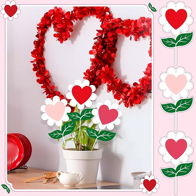 BreezeHug 3 Pcs 11" W 13.7" H Valentine's Day Heart-Shaped Flower Yard Stakes Outdoor Large Planter Garden Stakes Sign Valentine Flower Stick Pink Red Decorative for Yard Patio Lawn Spring Decor