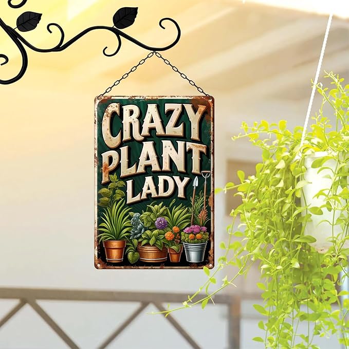 Vintage Garden Metal Sign "CRAZY PLANT LADY" Retro Gardening Tin Plate Wall Decor for Home Garden Yard Greenhouse Outdoor Decoration (8x12 Inch)