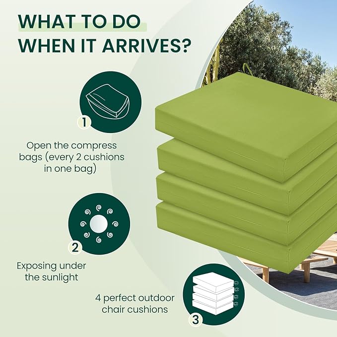 HARBOREST Outdoor Chair Cushions Set of 4, Water Resistant Patio Chair Cushions with Ties, Square Corner Outdoor Seat Cushions for Patio Furniture, 18.5"x16"x3", Grass Green