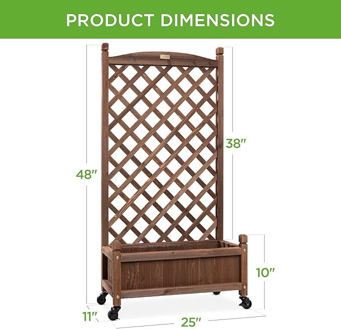 Best Choice Products 48in Wood Planter Box & Diamond Lattice Trellis, Mobile Outdoor Raised Garden Bed for Climbing Plants w/Drainage Holes, Optional Wheels - Walnut