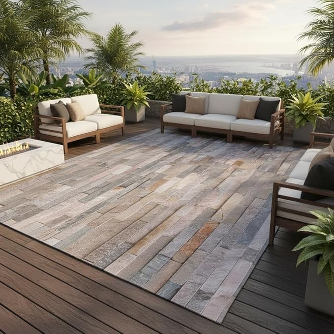 Retro Brown Grey Stone Wall Texture 7x10 Outdoor Area Rugs for Deck Porch Balcony Garden Patio Waterproof Washable Rock Stones Pattern Outside Carpet Yard Pool Foldable Durable Large Rugs Runner Mat