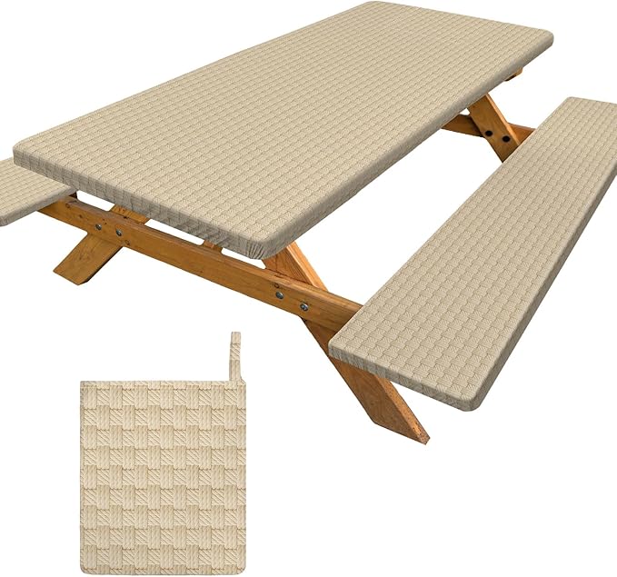 pickyNproud Picnic Table Cover with Bench Covers Portable Table Cloth Built-in Storage Pocket Picnic Table Covers with Elastic Waterproof Camping Essentials for RV Camping
