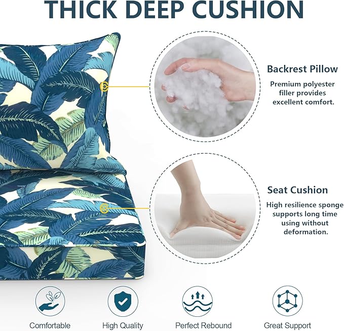 Outdoor Deep Seat Cushion Set, Water Repellent 24"x24" Patio Thick Cushions Replacement with Seat & Back Pillow for Patio Sofa, Wicker Chair, Couch - Swaying Palms Blue