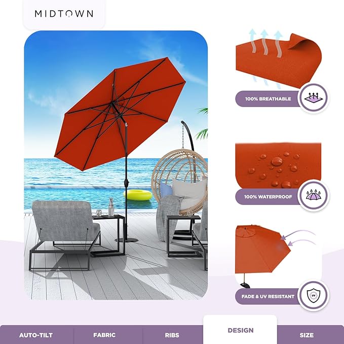Midtown Umbrellas - 10-Year-No-Fade 9 Ft Patio Umbrella with Terylast Fabric, Auto-Tilt Aluminum Frame and 8 Reinforced Ribs for Deck, Pool, Garden & Beach - Apple Red Canopy, Black Pole