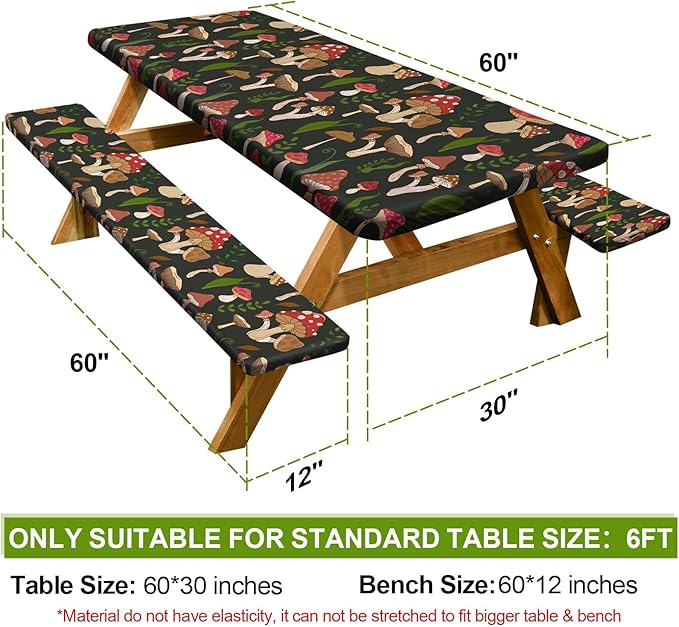Picnic Table Cover with Bench Covers Camping Essentials Waterproof Windproof Camping Tablecloth with Drawstring Bag, Fitted Rectangle Tables and Seats, 60in, Black Red
