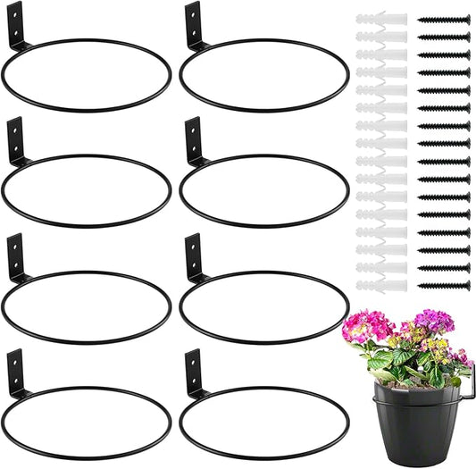 8-Pack 8 Inch Flower Pot Holder Ring Wall Mounted Metal Flower Pot Hangers Wall Hanger Bracket Rings Black Planter Bracket for Home, Garden, Indoor Outdoor Pots