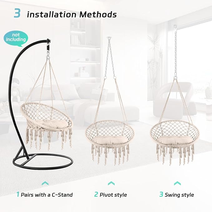 Hammock Chair Macrame with Stand & Cushion, 500 LBS Heavy Duty Swing Chair, 31.5" Wide Seat, Steel O-Rings for Indoor Outdoor Bedroom and Balcony Garden (Beige)