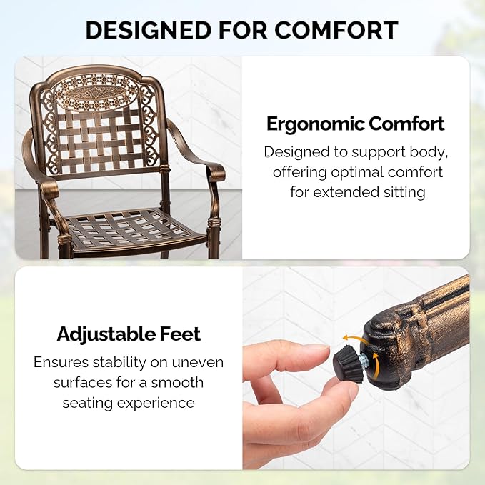 VINGLI Patio Chairs Set of 4 - Stackable Outdoor Cast Aluminum Dining Chairs with Vintage Bronze Finish and Plaid Pattern, Metal Armchairs for Poolside, Backyard, Balcony (No Cushion)