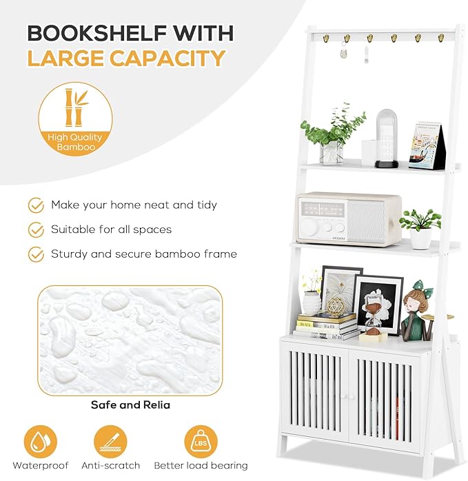 4-Tier Ladder Shelf with Drawers, Ladder Bookshelf with 6 Hooks, Tall Narrow Retro Bookcase, 24.8"L x 10.6"W x 59.5"H, Freestanding Storage Shelf for Living Room, Home Office, Bedroom, White