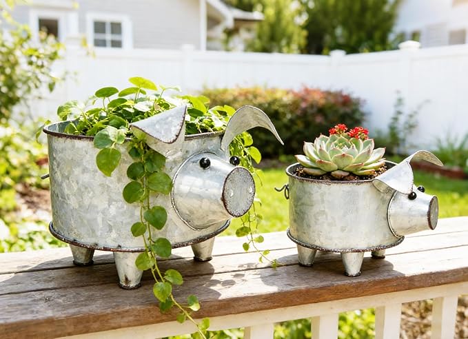 Galvanized Metal Pig Succulent Planter Farmhouse Pig Shaped Bowl Metal Pig Tray Rustic Decor Set of 2