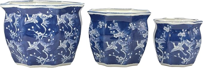 Galt International White & Blue Crane Round Fluted Floral Porcelain Ceramic Plant Flower Planter Pot Set of 3 (7.5", 10", 13") Garden Pots Chinese Asian Design