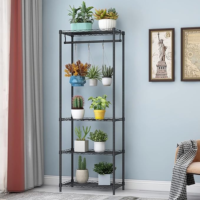 Xiofio 4-Tier Plant Shelf for Indoor Plants Outdoor, Large Multiple Flower Pot Holder Rack，Hanging Plant Stand 6pcs Hooks ,Adjustable Plant Stand Suitable for Bedroom Living Room Balcony Garden,Black