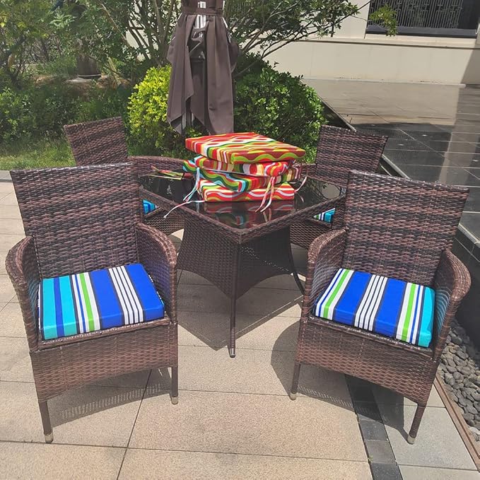 Indoor/Outdoor Chair Cushions Set Of 4 Waterproof,Square Corner Outdoor Cushions For Patio Furniture - Patio Chair Cushions With Ties,Memory Foam Oudoor Cushions17"X17", Blue Stripes