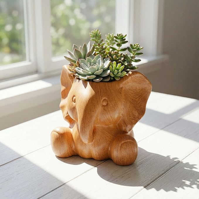 Small Plant Container | Unique Resin Flower Pot Sculpture | Succulent Flower Pot | White Elephant Gifts for Women | Perfect Plant & Elephant Gifts | Indoor & Outdoor Use (Wood Grain)