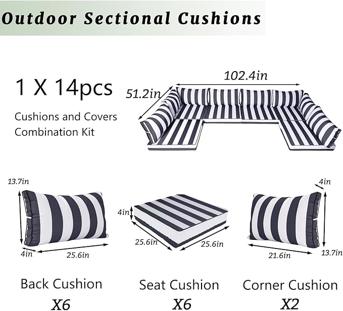 Outdoor Sectional Cushions Replacement Set, 26x26in Patio Furniture Cushions, 14 Pieces Waterproof Outdoor Couch Cushion for 6 Seat Wicker Conversation (Navy Blue with White Stripes)
