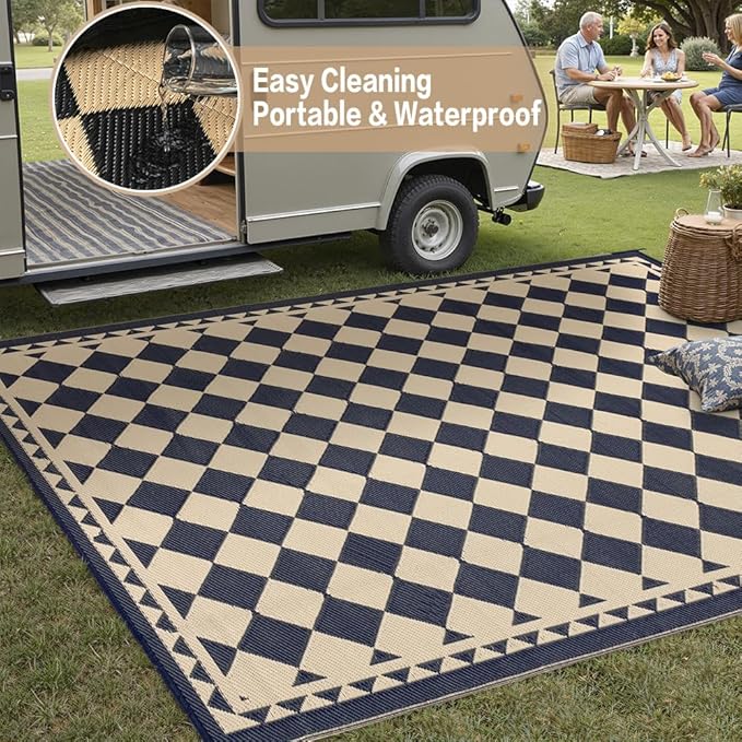 HUGEAR Outdoor Rug for Patios Clearance,Waterproof Mat,Large Outside Carpet,Reversible Plastic Straw Camping Rugs,Rv,Porch,Deck,Camper,Balcony,Backyard (6x9,Checkered/Black&Beige)