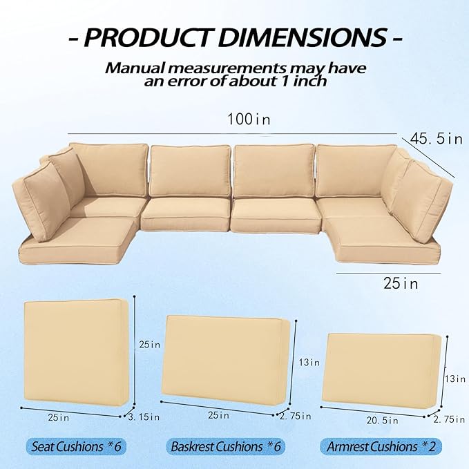 Patio Furniture Cushions,14Pieces Water-Resistant Outdoor Replacement Cushions,Sectional Sofa Cushions for Fits 6-Seats Rattan Wicker Patio Conversation Sets