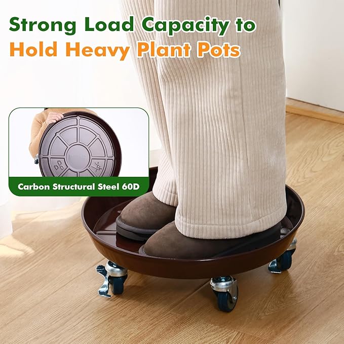 3 Packs Metal Plant Caddy with Wheels 16" Rolling Plant Stand Heavy Duty Plant Dolly with Casters for Indoor and Outdoor Large Planter Casters Potted Plant Mover, Dark Coffee