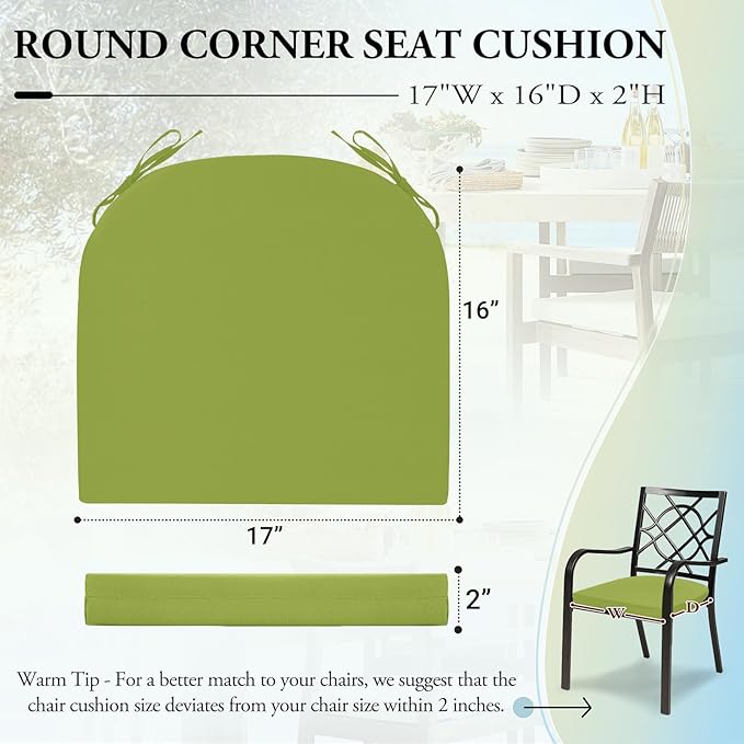 Wellsin Outdoor Chair Cushions for Patio Furniture - Patio Chair Cushions Set of 6 - Water Resistant Round Corner Outdoor Seat Cushions 17"X16"X2", Grass Green