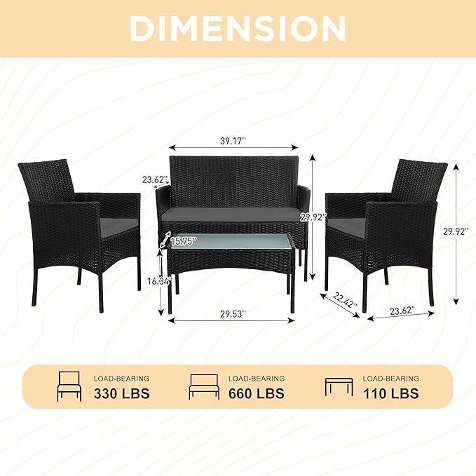 PROHIKER 4 Piece Outdoor Wicker Patio Conversation Furniture Set, Rattan Chair Wicker Sofa Garden Conversation Sets with Cushion and Glass Table for Yard Pool or Backyard, Black/Gray