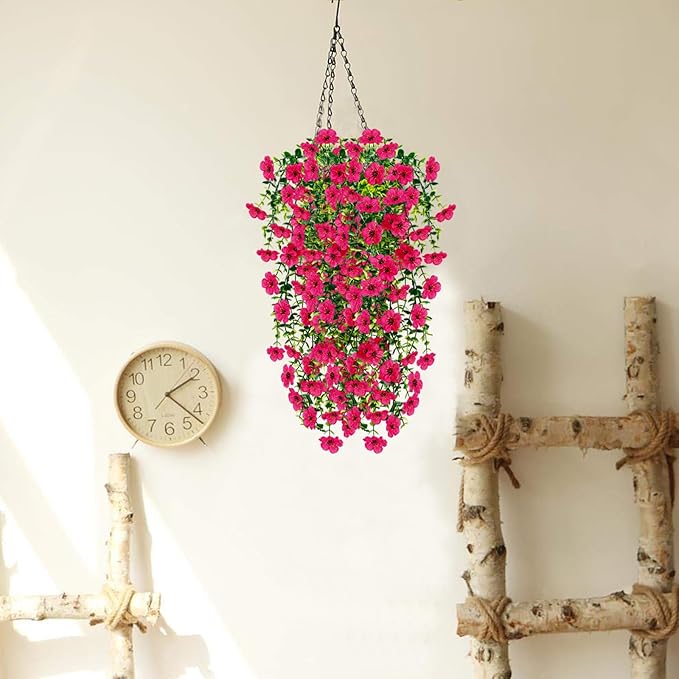 8 Pcs Fake Outdoor Artificial Flowers For Outdoors Uv Resistant, Plastic Flowers For Outdoors, Fake Hanging Plants Faux Flowers For Outdoor Planters, Silk Spring Flowers For Outside Porch（Rose Red）