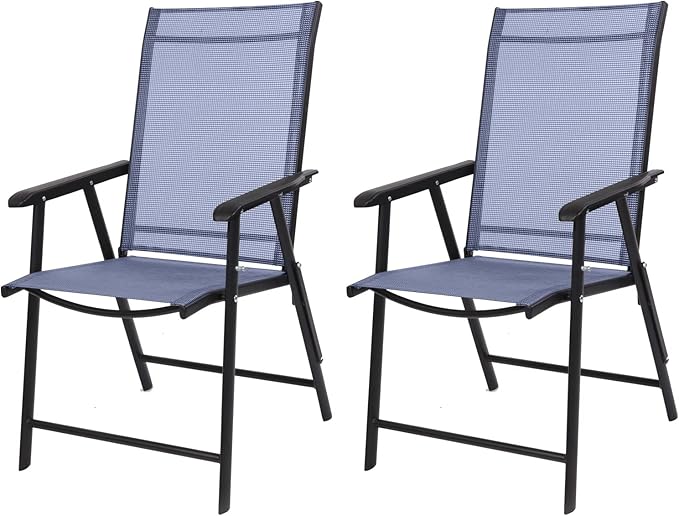 VINGLI Upgraded Version Set of 2 Folding Chairs with Arms, Portable Patio Chairs for Outdoor & Indoor, Sling Back Chairs for Lawn, Pool, Courtyard, Balcony & Garden (Blue)