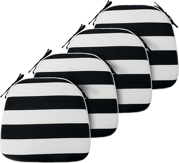 FUNHOME 17"x16"x2" Outdoor Chair Cushions Set of 4, Water Resistant Patio Chair Pads with Ties, Seat Cushions for Home Garden Furniture Decoration-Black White Stripe