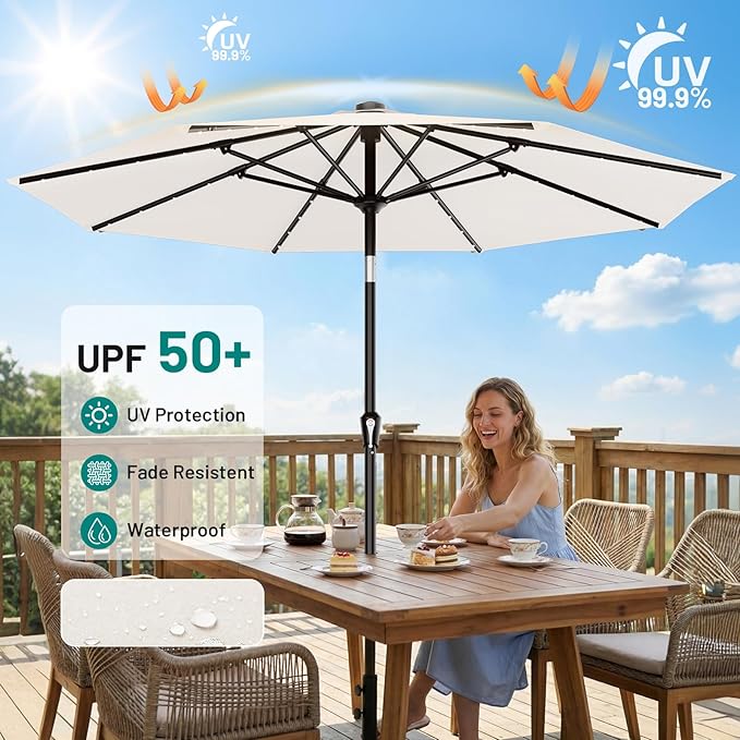 AreShark 9FT Patio Umbrella with Solar Lights, 32 LED Lighted Pool Umbrella w/Tilt and Crank, Outdoor Market Solar Umbrellas for Garden, Deck, Backyard, Pool and Beach, Cream-White