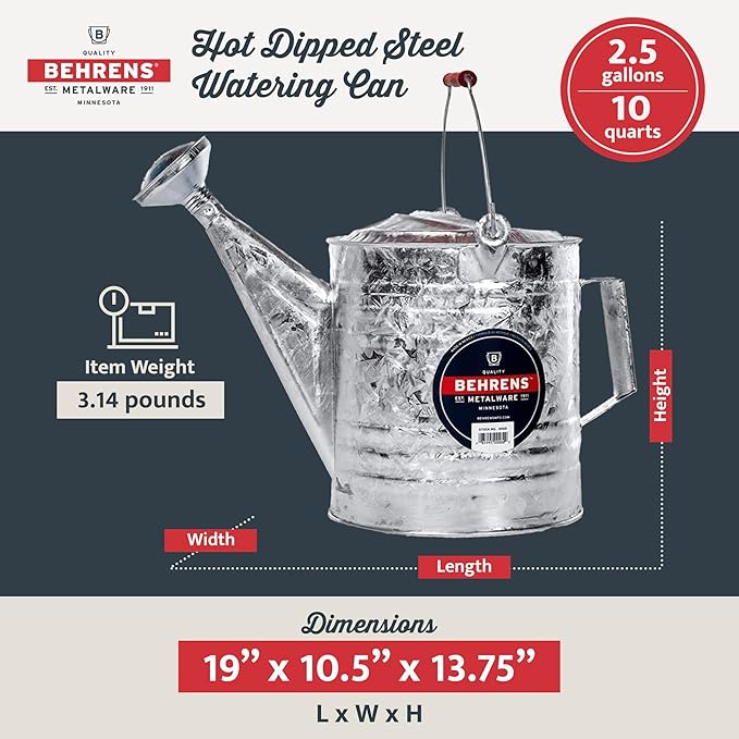 Behrens Weatherproof Hot Dipped Galvanized Steel Watering Can with Wooden Handle and Side Handle for Watering Flowers and Gardens, Gray.