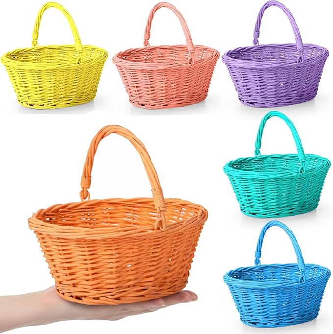 Barydat 6 Pcs Small Wicker Picnic Basket with Handle Flower Girl Baskets Oval Willow Woven Braided Gift Basket for Easter Weddings Baby Shower Home Garden Decor (Colorful,9" x 7" x 4")