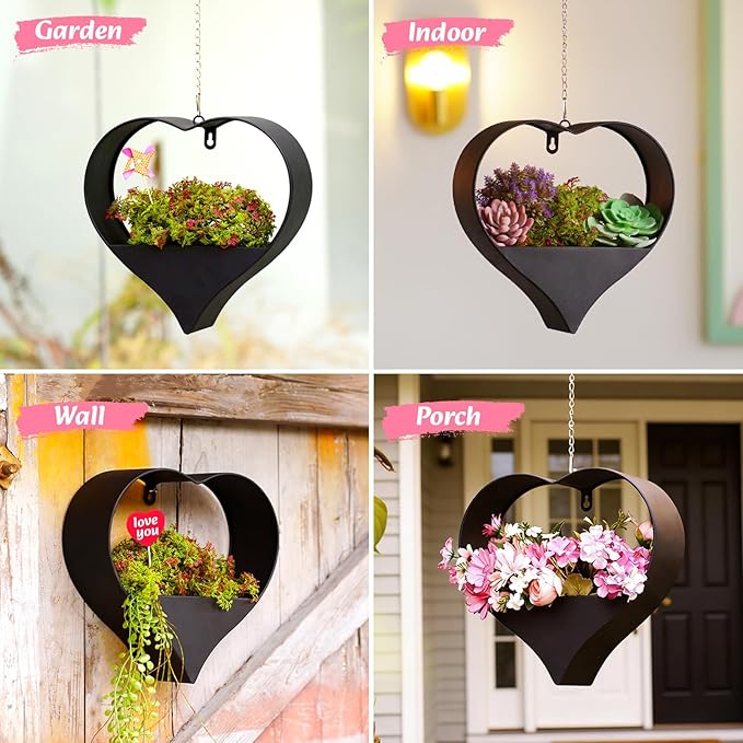 Metal Plant Hangers Indoor and Outdoor: Valentines Day Gifts for Her Wife Women Mom Garden Lovers Birthday - Heart Shape Hanging Planters for Window Wall Living Room Office Decor(Black)