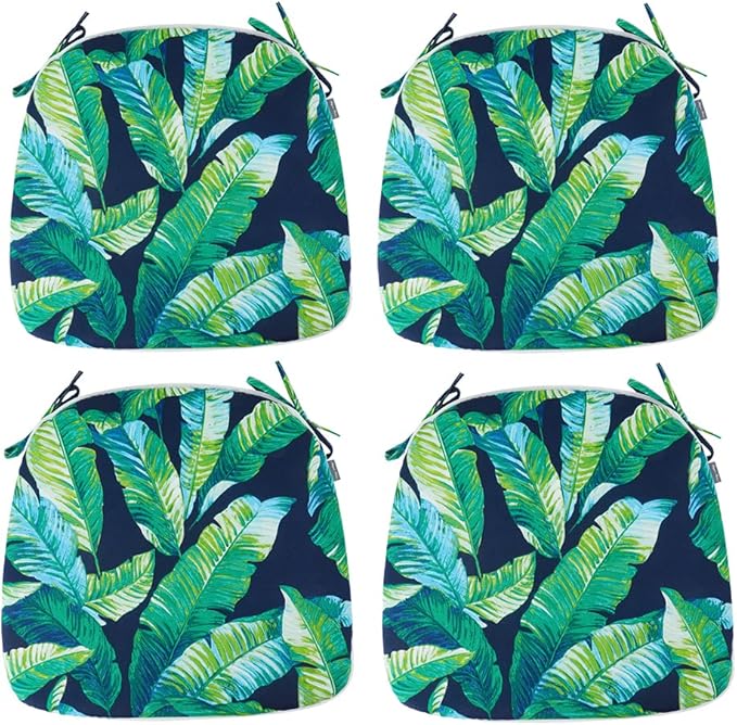Magpie Fabrics 17"x16"x2" U-Shape Chair Cushions with Ties 4 Count, Outdoor Indoor Waterproof All Weather Seat Pads Decoration for Patio Garden Dining Office - Green Lagoon Leaves
