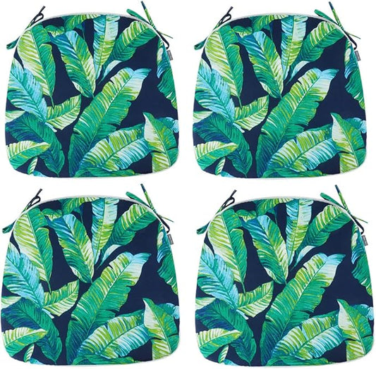 Magpie Fabrics 17"x16"x2" U-Shape Chair Cushions with Ties 4 Count, Outdoor Indoor Waterproof All Weather Seat Pads Decoration for Patio Garden Dining Office - Green Lagoon Leaves