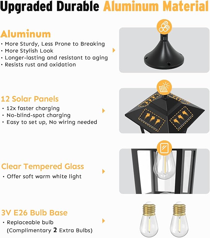 73" Aluminum Solar Lamp Post Light, 3-Head Solar Light Posts for Outside Waterproof, 90Lm Outdoor Lamps for Patio, Backyard, Front Porch Decor, Warm White, Replaceable Bulb