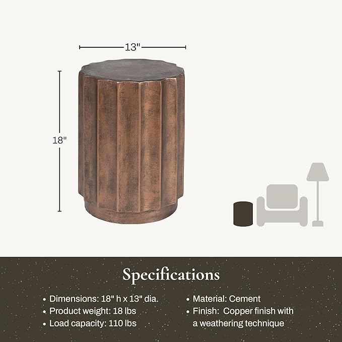 LuxenHome Weathered Copper Cement Fluted Round Indoor Outdoor Side and End Table, Set of 2