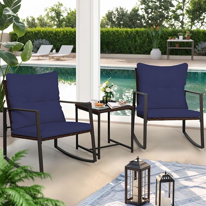 SUNCROWN 3 Piece Outdoor Rocking Bistro Set Brown Wicker Furniture Porch Chairs Conversation Sets with Glass Coffee Table, Dark Blue