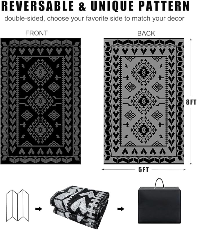 Pendolr Outdoor Rugs for Patio Clearance - 5'x8' Waterproof Reversible Indoor Outdoor Rug Carpet, Portable Plastic Straw Rug for RV Camping, Picnic, Beach, Porch, Deck(Rug004#,Black&Gray)
