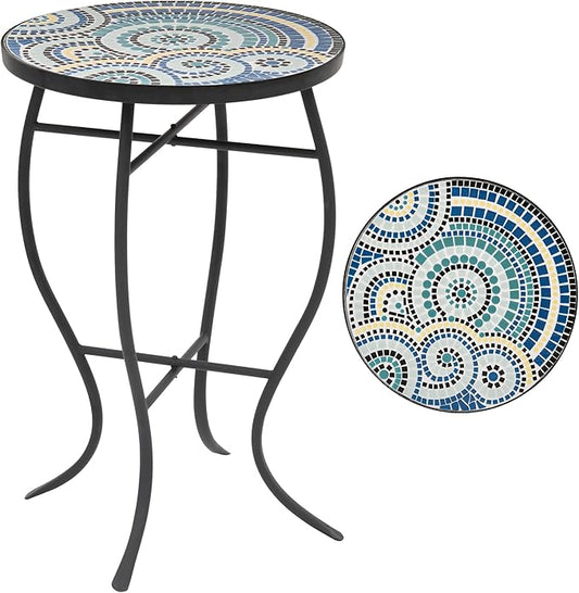 Side Table Outdoor, Mosaic Patio Table Plant Stand, 22" H Iron Coffee End Table,Weather Resistant Tile Top Metal Drink Bar Table for Indoor Garden Balcony Yard Bistro Balcony