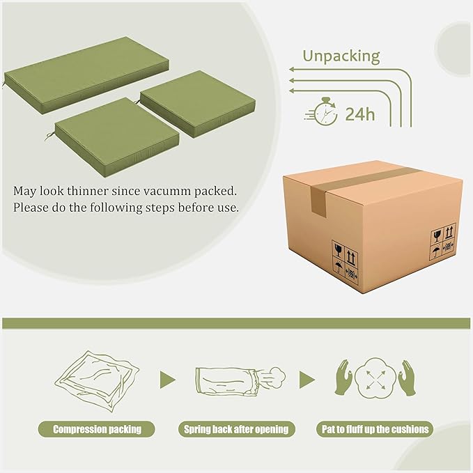 3 Pack Outdoor Replacement Cushions,36L x 18W x 3H,18L x 18W x 3H inch, High-Elastic Replacement Sponge for 4-Seater Water-Resistant Patio/Sofa with Removable Covers (Light Green)