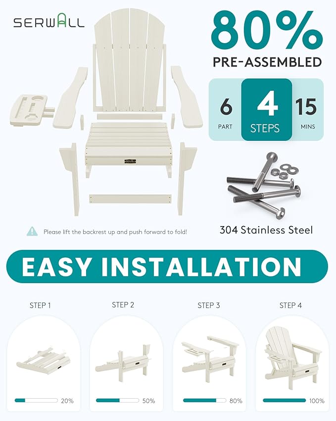 SERWALL Folding Adirondack Chair Set of 4, Outdoor Adirondack Chairs with 4 in 1 Cup Holder, Wood Texture Patio Chairs, Weather Resistant Fire Pit Chairs for Patio Deck Garden, Backyard Deck - White