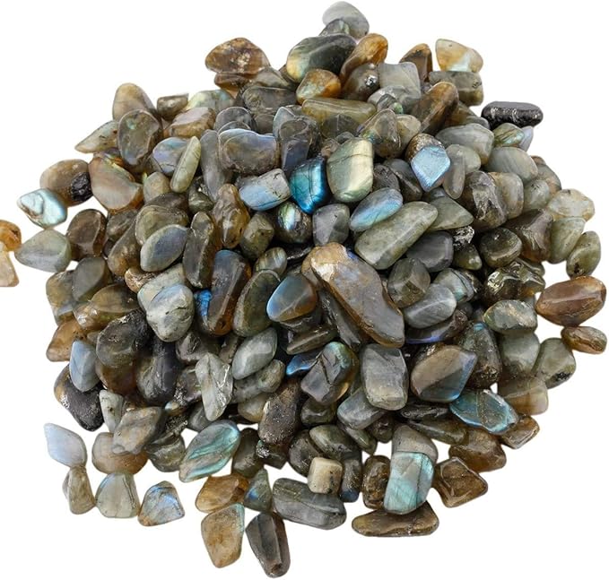 IMALY Labradorite Tumbled Chips Stone Polished Crushed Healing Crystal Quartz Pieces Irregular Shaped Stones for Home Decorative Stones Vases Plants Succulents 0.5lb