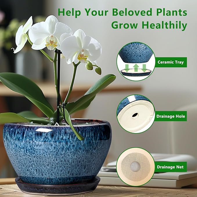 Ceramic Planter 11 Inch - Ceramic Pots for Plants Indoor Outdoor, Large Plant Pot with Drainage Hole and Saucer, Decorative Round Planter, Plant Lover Gifts, Garden Decor, Blue