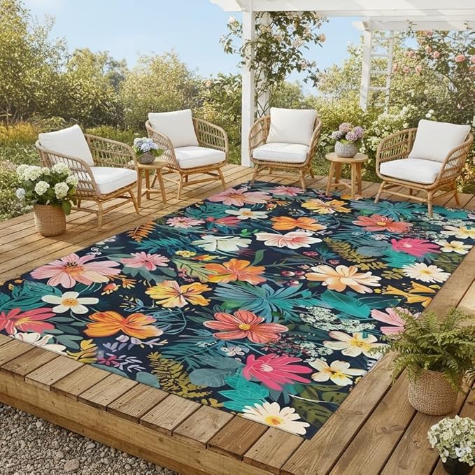 Waterproof 10x14 Floral Outdoor Rug Tropical Botanical Floral Outdoor Area Rug for Balcony Patio Porch Garden Camping Pool Deck Yard Multi Flowers Machine Washable Large Carpet Anti Slip Backing Mat