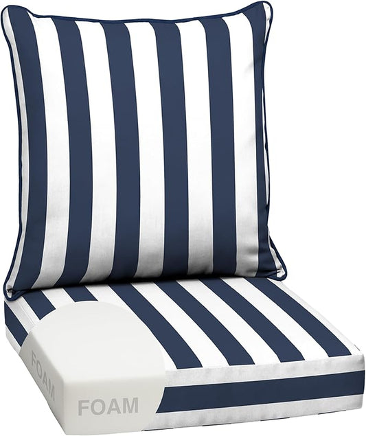 Arden Outdoor Foam Deep Seat Cushion Set, 24 in x 24 in, Weather-Proof, Rain-Proof, Fade Resistant Patio Cushion, Bottom and Back Cushion for Chair, Sofa, and Couch Sapphire Blue Cabana Stripe